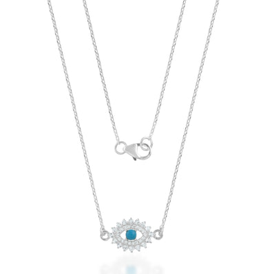 Sterling Silver 45cm Turquoise White Topaz Evil Eye Necklace with Pendant