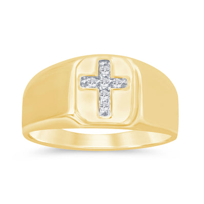 9ct Yellow Gold Round Cut 0.05 Carat tw Men's Cross Diamond Set Ring