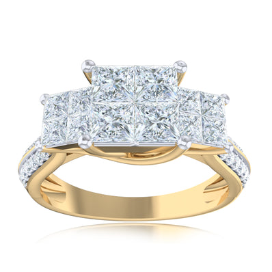 New York 14ct Yellow Gold Princess & Round Brilliant Cut 1.00 Carat tw Diamond Rhodium Plated Ring