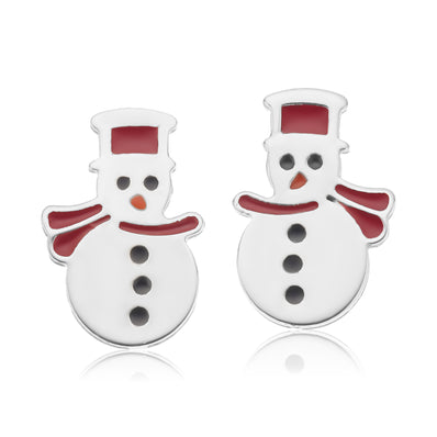 Sterling Silver Enamel Snowman Stud Earrings