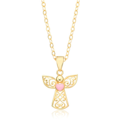 9ct Yellow Gold Round Pink Enamel Heart Angel Pendant