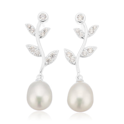 Sterling Silver 7-7.5mm Cubic Zirconia White Fresh Water Pearl Earrings