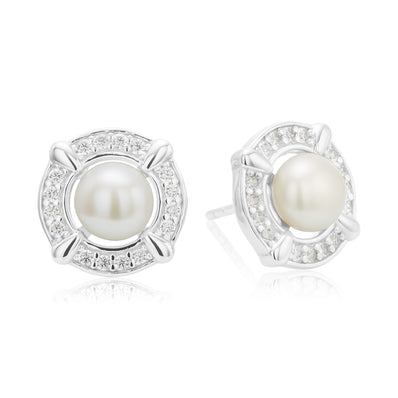 Sterling Silver 6-6.5mm Cubic Zirconia White Fresh Water Pearl Earrings