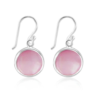 Sterling Silver 8mm Pink Mother of Pearl Round Drop Earrings