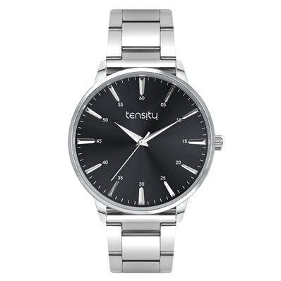 Tensity Stainless Steel Round Black Dial Silver Band Watch