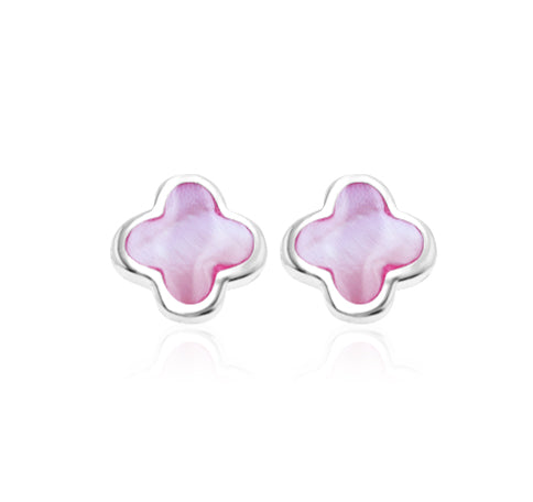 Sterling Silver 8mm Pink Mother of Pearl Clover Stud Earrings
