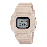 Casio G-Shock digital watch with a pink marbled strap on a white background