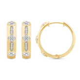  Pair of yellow gold huggie earrings featuring floral shaped diamond clusters and vertical rows of small round diamonds, shown from front and side angles.