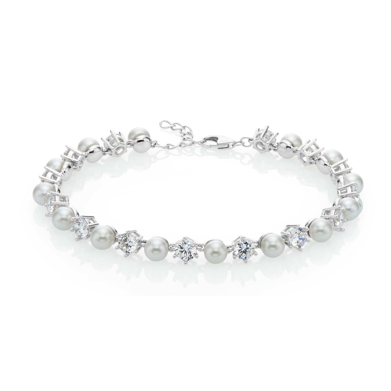 Sterling Silver Round Cut 19cm Fresh Water Pearl Cubic Zirconia Tennis Bracelet