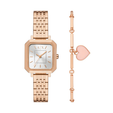 Armani Exchange Three-Hand Rose Gold-Tone Stainless Steel Watch and Bracelet Set AX7164SET
