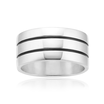 Sterling Silver Double Black Line Pattern Ring