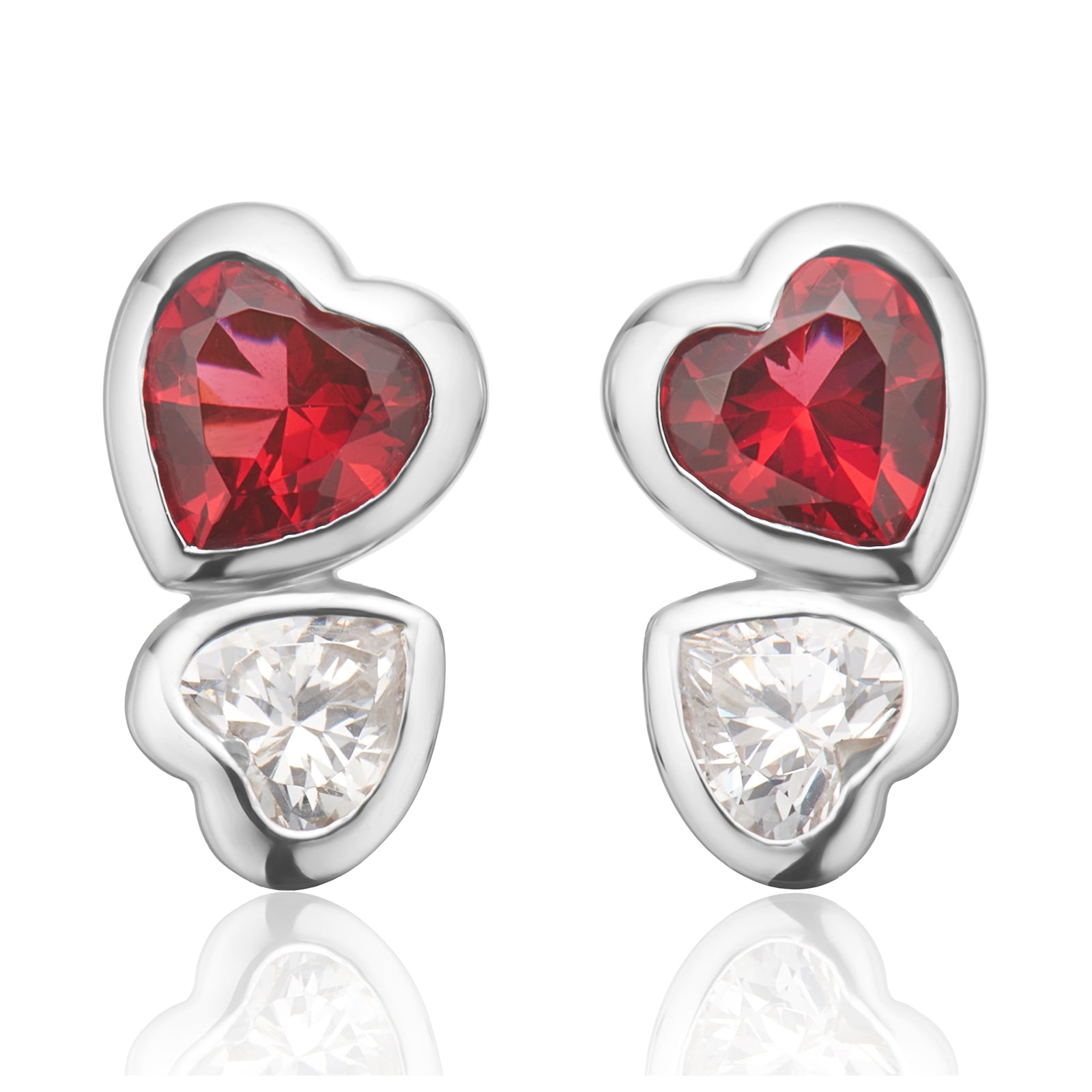 Sterling Silver Heart Red and White Cubic Zirconia Stud Earrings