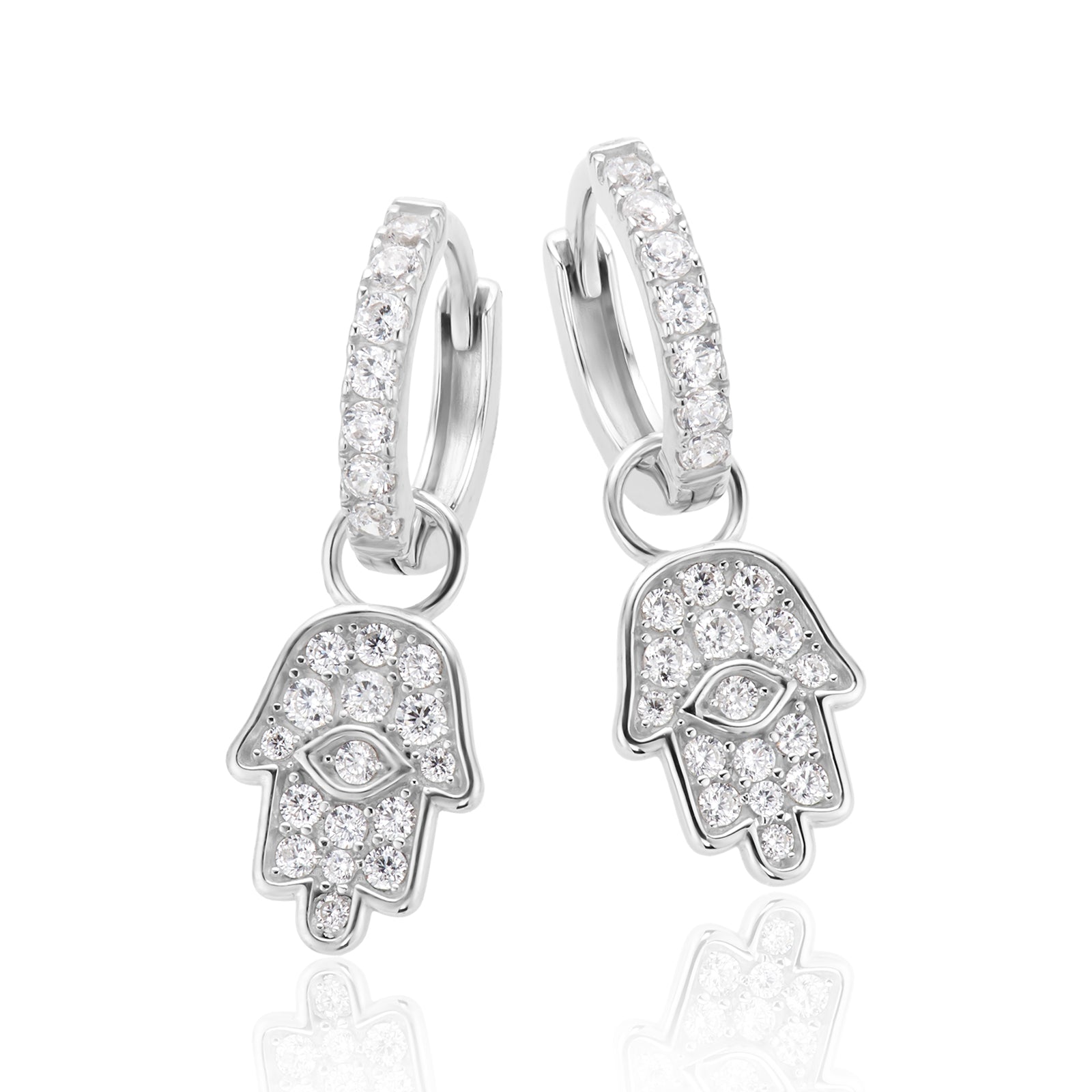 Sterling Silver Cubic Zirconia Hand Of Fatima Hoop Earrings