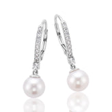 Sterling Silver 7-8mm White Freshwater Pearl Cubic Zirconia Drop Earrings