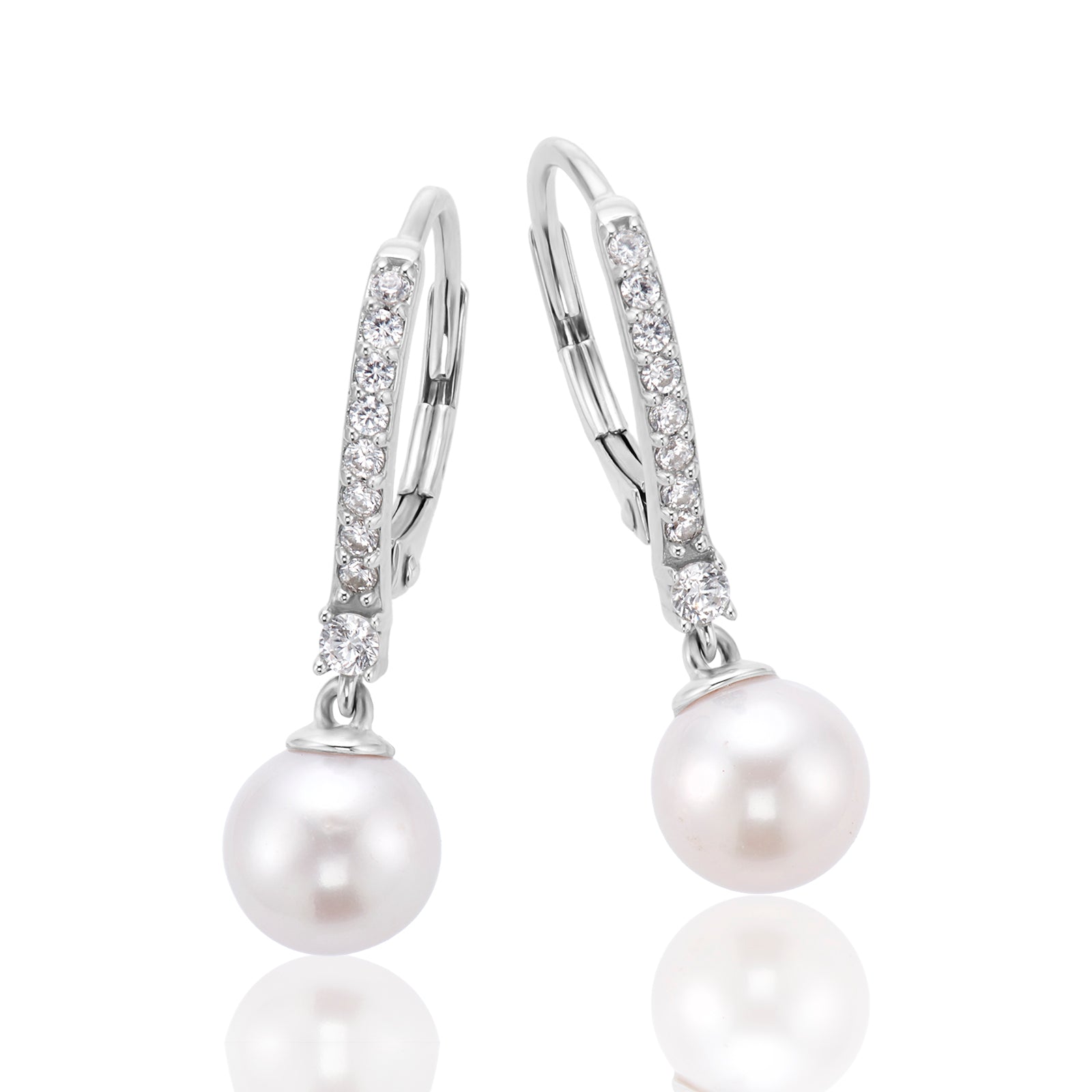 Sterling Silver 7-8mm White Freshwater Pearl Cubic Zirconia Drop Earrings