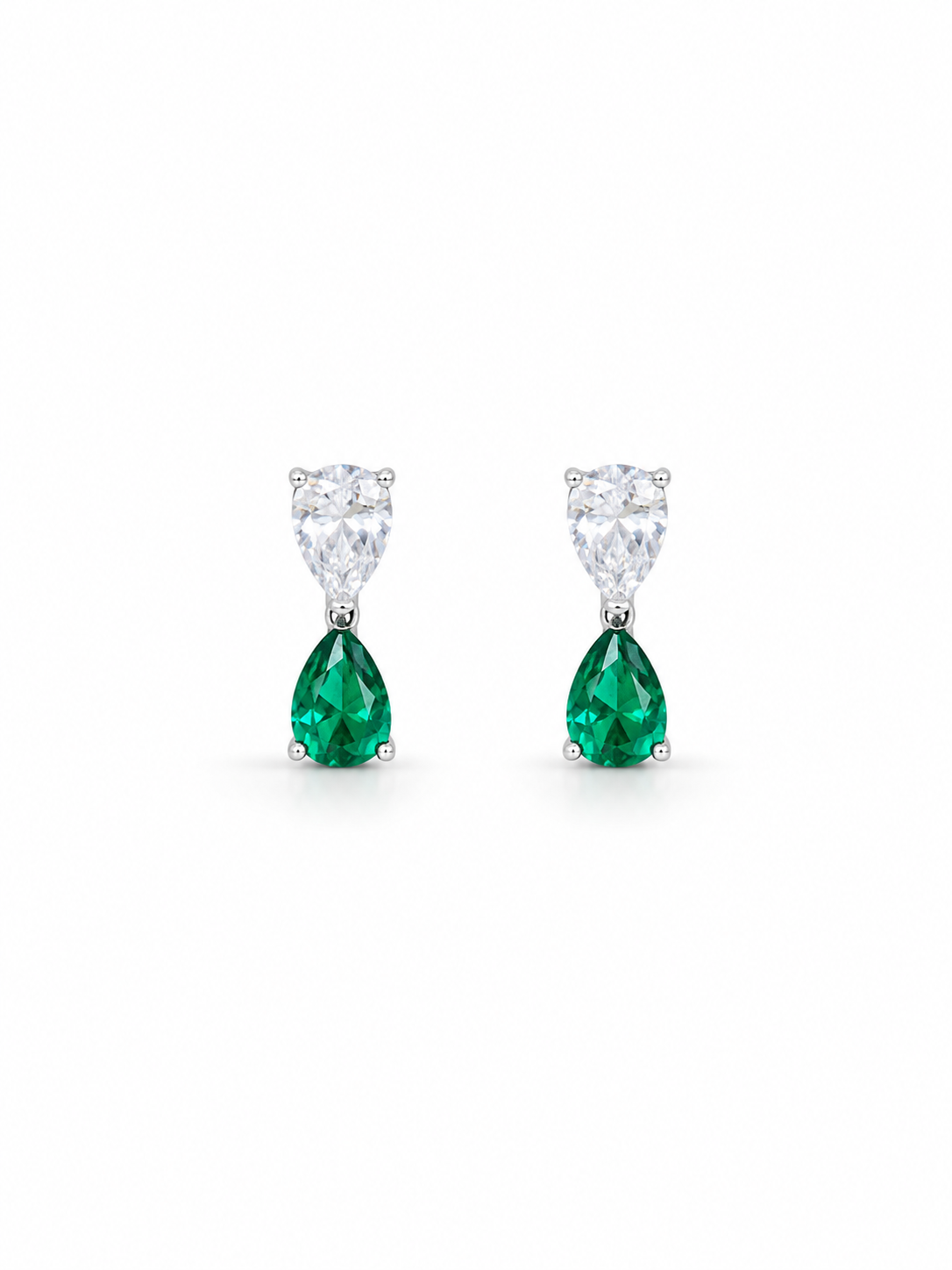 Sterling Silver Pear Cut White & Green Cubic Zirconia Stud Earrings