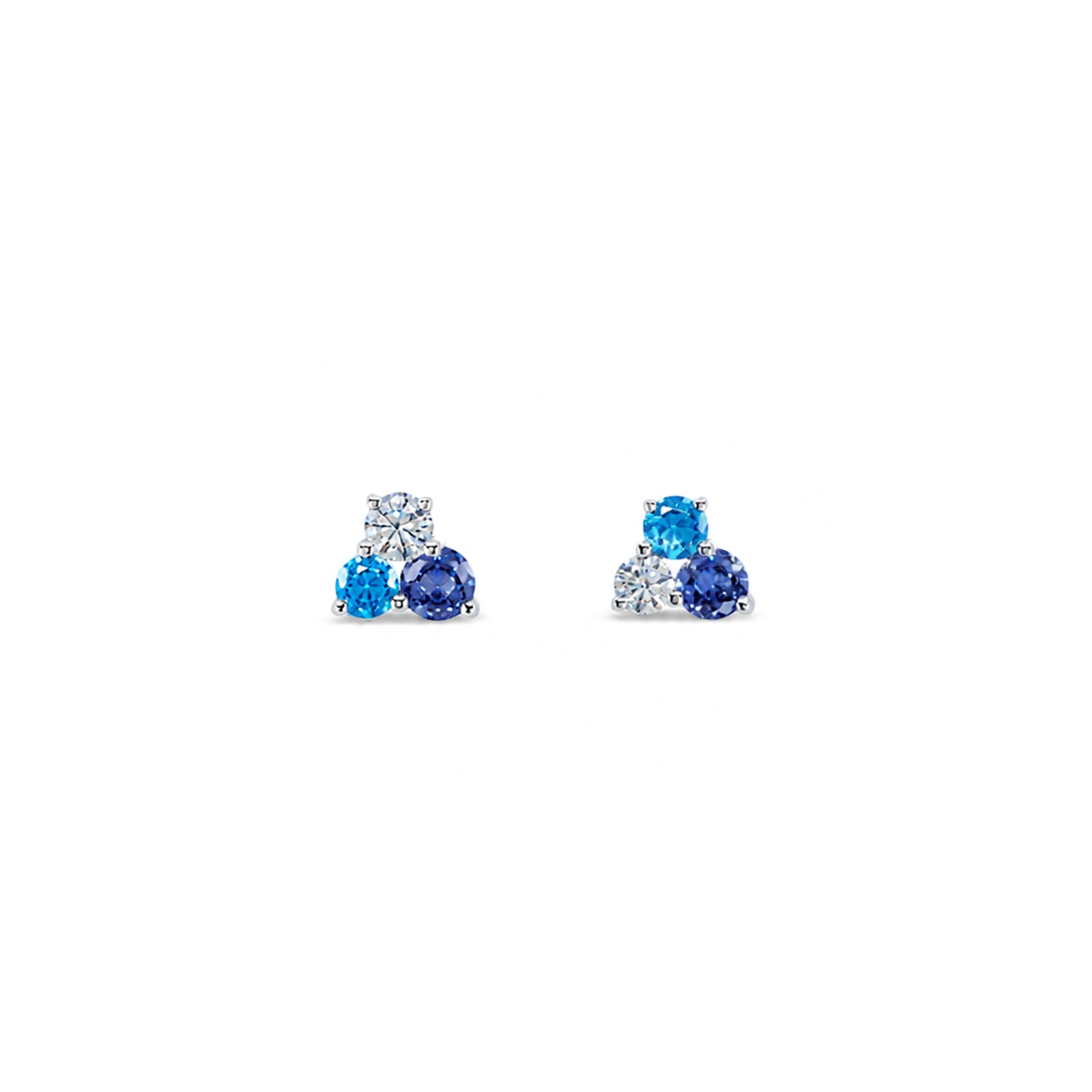 Sterling Silver Round Cut Blue Cubic Zirconia Three Stone Stud Earrings