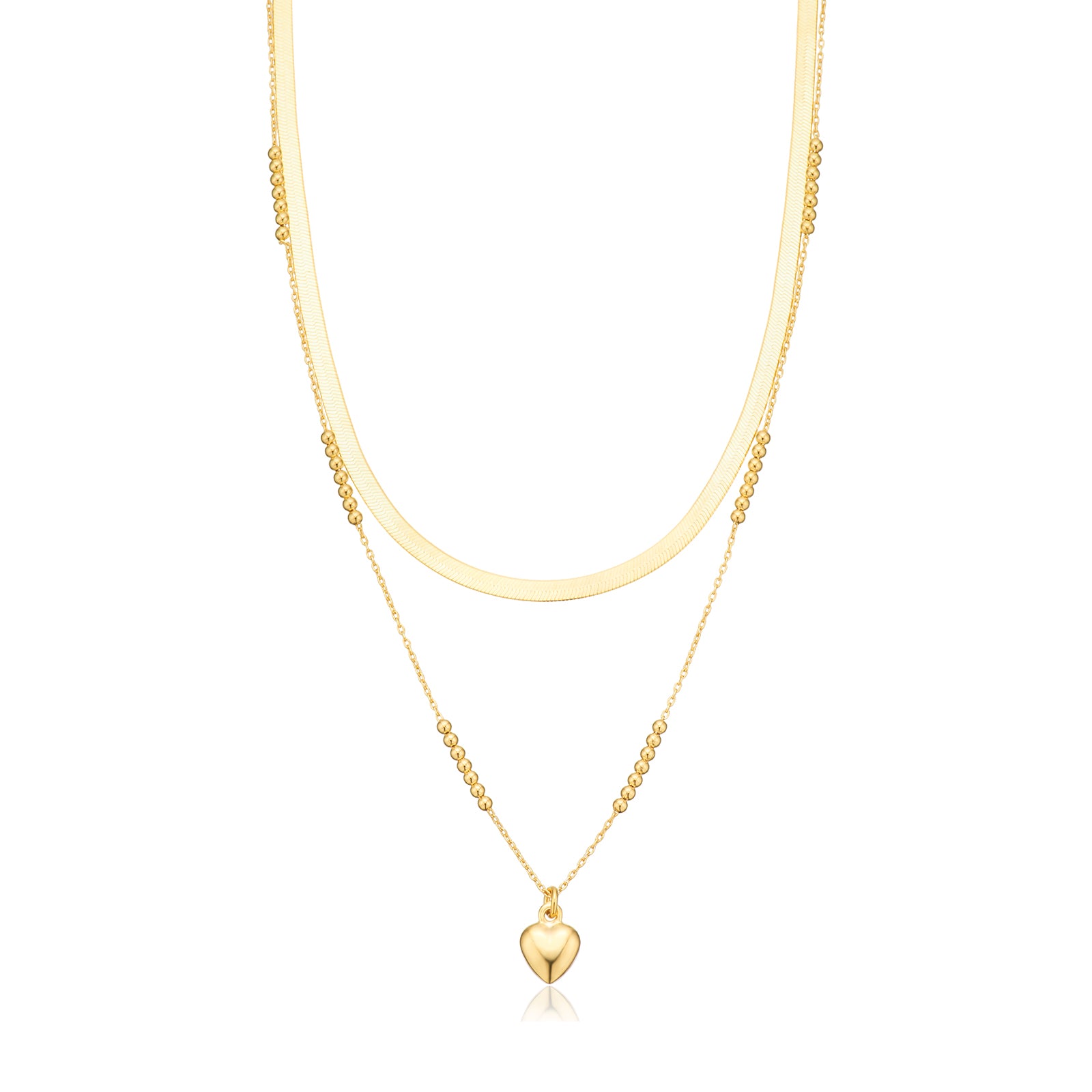 Sterling Silver Yellow Gold Plated 45cm Double Chain Heart Necklace