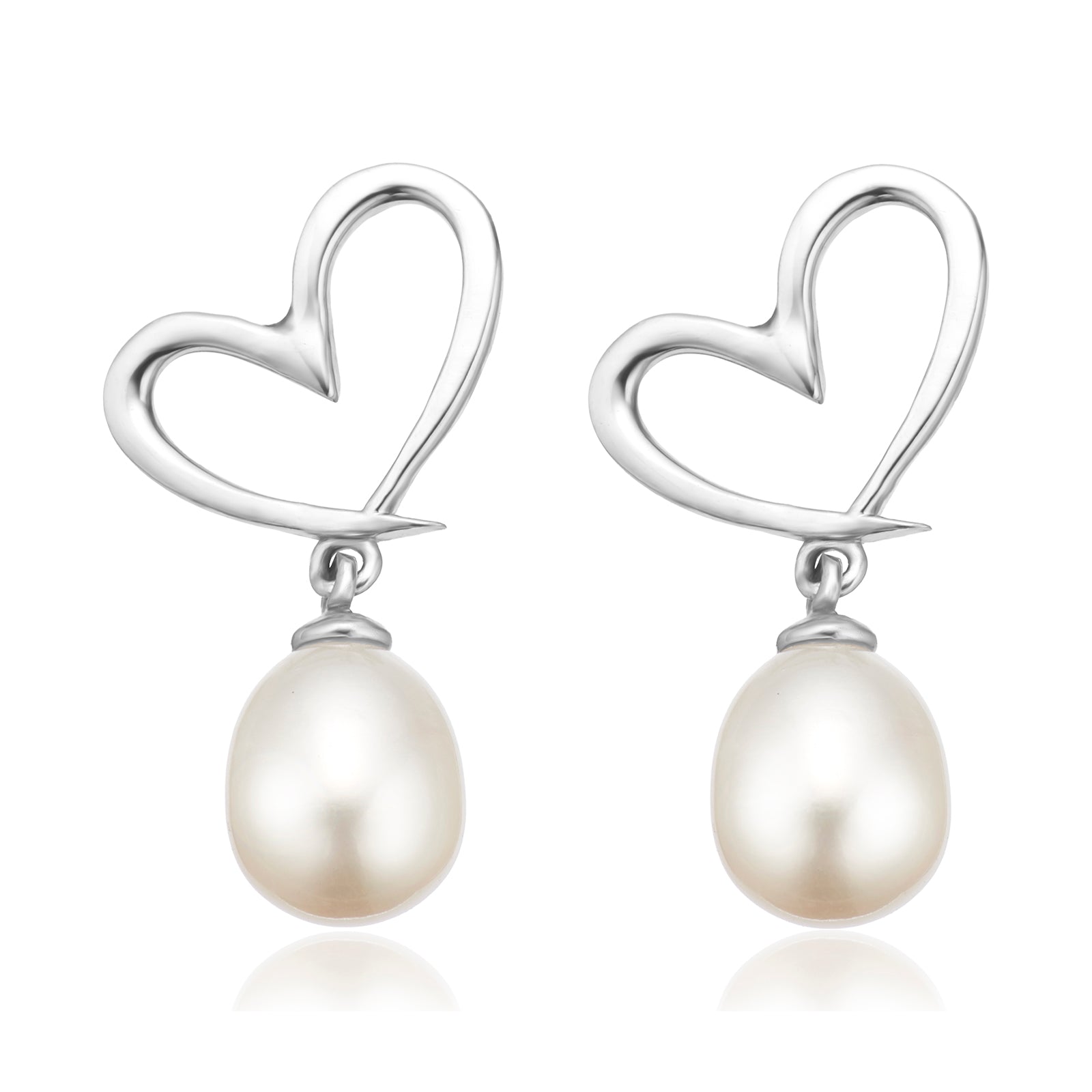 Sterling Silver 7-8mm Freshwater Pearl White Heart Drop Earrings