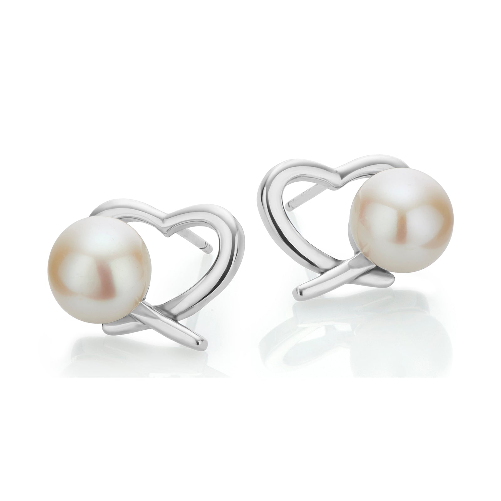 Sterling Silver 8-9mm Freshwater Pearl White Heart Stud Earrings