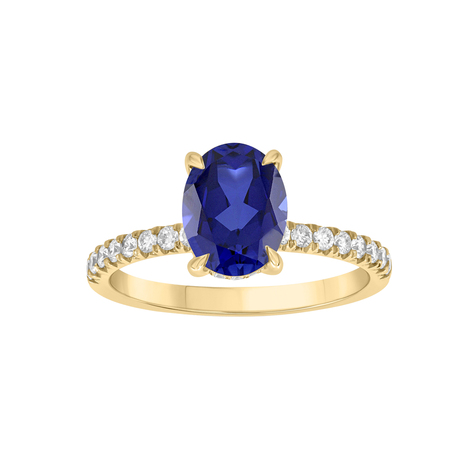 9ct Yellow Gold Oval Cut 9x7mm Lab Grown Sapphire with 0.35 Carat tw of Lab Grown Diamonds Ring