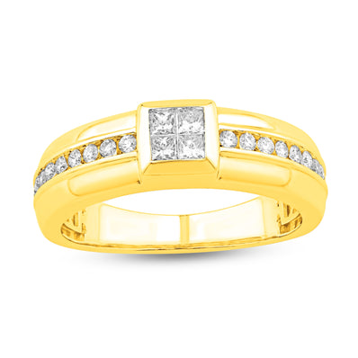 Gold Ring with Round Cut Lab Grown Diamonds Channel Setting and 4 Princess cut Lab Grown Diamonds Making a Square in the center 