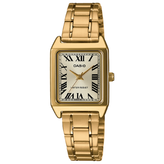 Gold tone watch with roman numeral face 