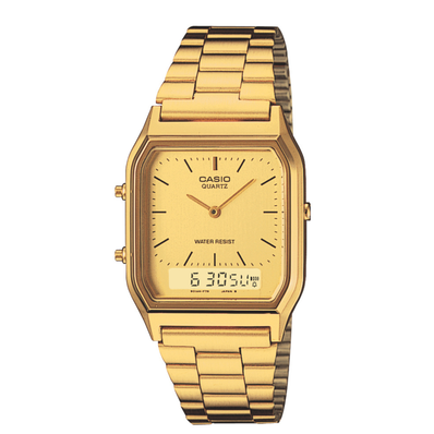 Gold Casio watch on a white background