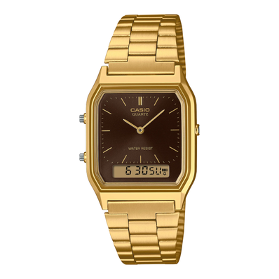 Gold Casio watch on a white background