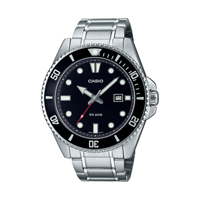 Casio watch with silver metal strap and black dial and bezel on a white background 