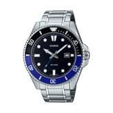 Casio watch with black face and blue and black bezel on a white background