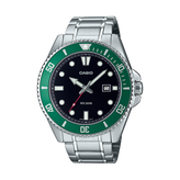 Casio watch with green bezel and black dial on a white background