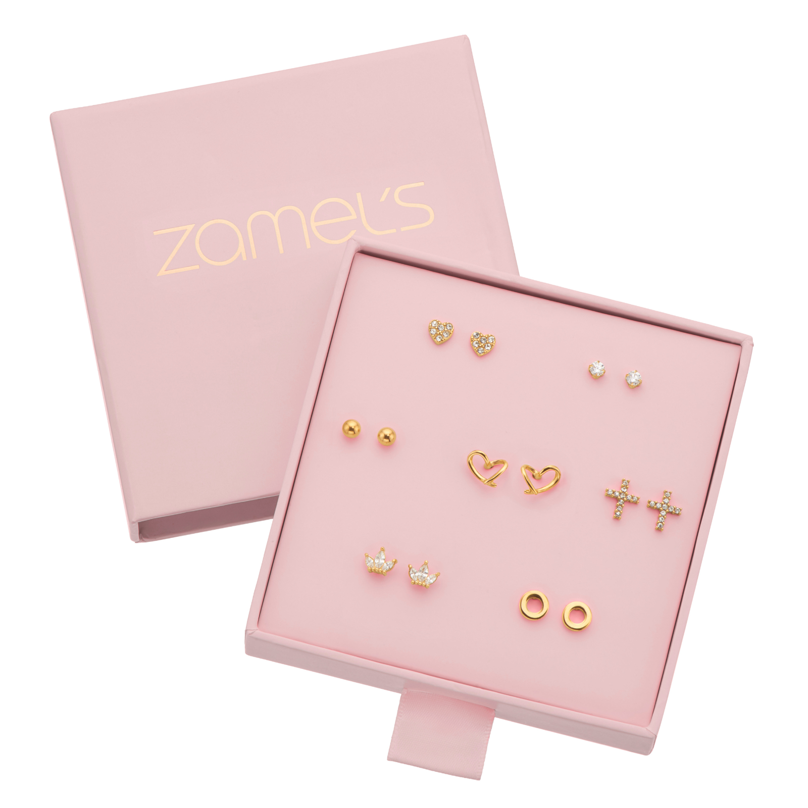 Stainless Steel Gold Tone 7 piece Earring Set Gift Box
