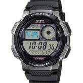 Digital watch with black strap and silver casing on a white background