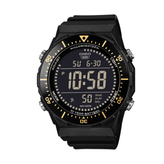 Black Casio digital watch with yellow accents on a white background