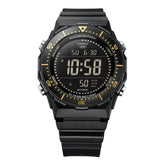 Black Casio digital watch with yellow accents on a white background