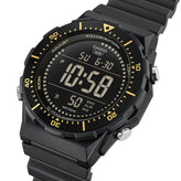 Black Casio digital watch with yellow accents on a white background