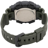 Back view of a Casio G-Shock watch with a green strap on a white background