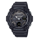 Black Casio watch with digital and analog display on a white background