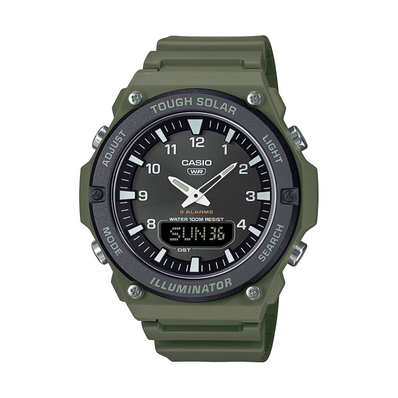 Green Casio watch with black dial on a white background