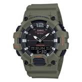 Green Casio watch with digital and analog display on a white background