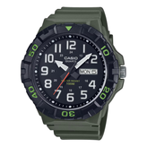 Casio watch with green strap and black dial on a white background
