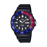Casio watch with black strap, red and blue bezel on a white background