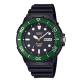 Casio black watch with black strap and green rotating bezel on a white background