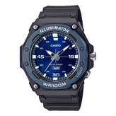Casio watch with blue dial and black strap on a white background