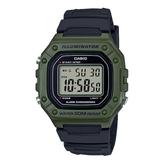Green Casio digital watch with black strap on a white background