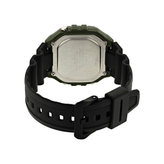 Back view of a Casio watch with black band and silver back on a white background