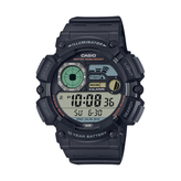 Black Casio fishing watch with digital display on a white background