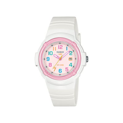 White band Casio Watch with a pink dial and colourful numbers