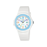 White Casio watch with colorful numbers on a white background
